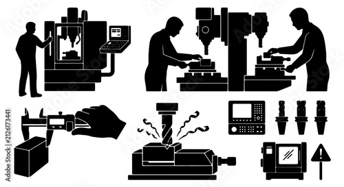 Machining Icons Set: CNC Milling, Lathe Operations, Precision Engineering, Industrial Manufacturing, Metalworking Tools, Technical Schematics, Skilled Labor