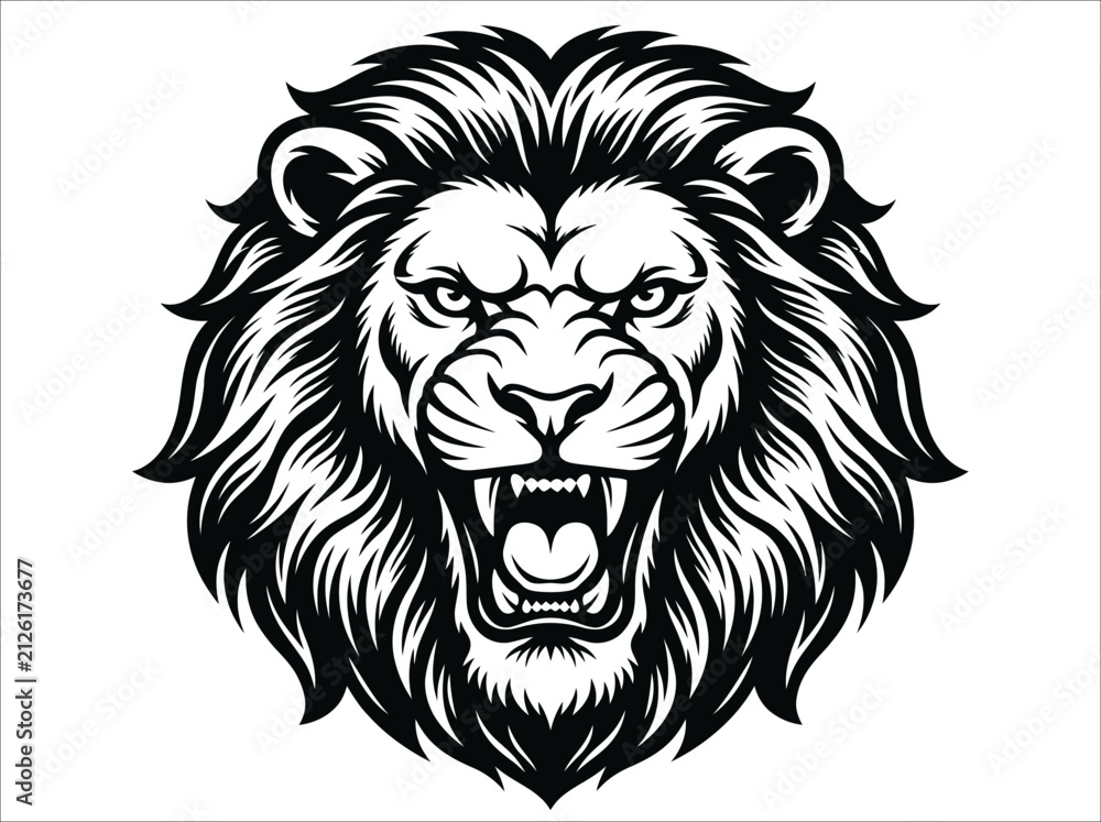 Obraz premium Fierce Roaring Lion Head Illustration in Black and White.