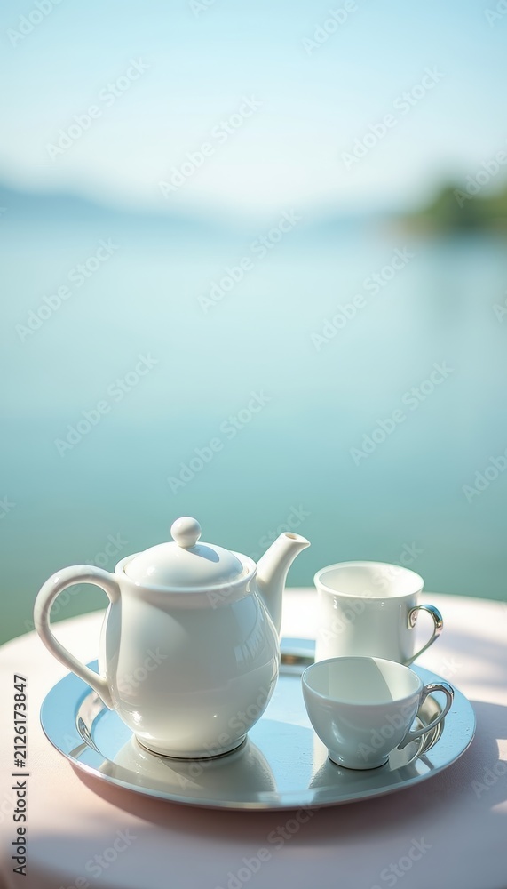 Fototapeta premium Ceramic tea set with silver tray on outdoor table by tranquil lake for relaxation