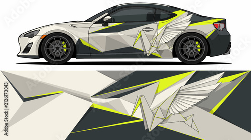 Origami crane white and lime car wrap design.