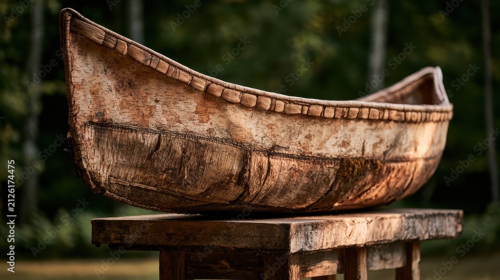 Fototapeta premium Vintage birch bark canoe elevated on a wooden platform in a quiet outdoor display