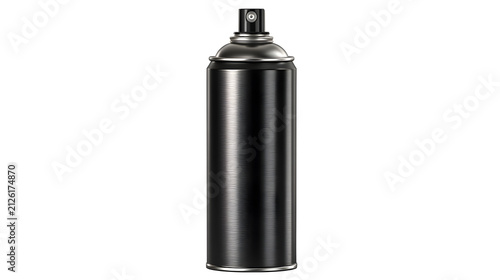 Black aluminum hair spray aerosol can on white background with silver nozzle plain tall black cylindrical hairspray packaging cosmetics with container