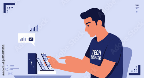 Young man using smartphone in tech startup office, tech creator concept
