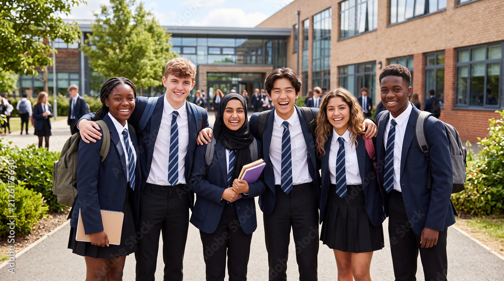 Fototapeta premium back to school, high school students, group of teenagers, school uniform, students with ties, diverse students, multi-ethnic group, school courtyard, modern school, teenagers smiling 1st of September 