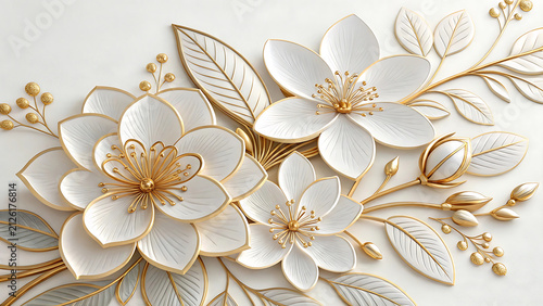 White and gold sculptural floral arrangement with sculpture