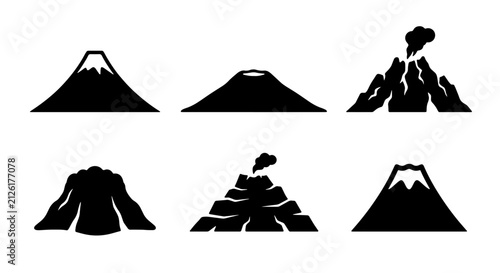 Fotografie Volcano Icons Set, Diverse Mountain Silhouettes, Active Erupting and Dormant Pea