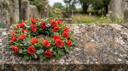 Red poppy wreath resting on an ancient stone wall in a historic graveyard, symbolizing remembrance and honor
