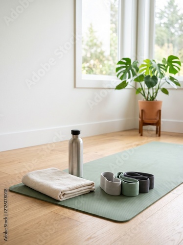 Minimalist Home Yoga Setup with Green Exercise Mat and Sustainable Accessories for Wellness Practice