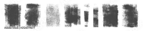 Set of distressed halftone grunge shapes, black and white textured elements, vector design assets