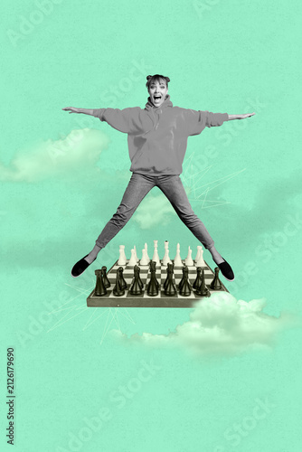 Konstfotografi Image creative vertical art collage of happy girl guy stand chess board game win