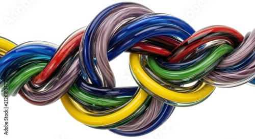 Colorful twisted glass rope pattern featuring interwoven blue, yellow, green, red, and purple strands on white background
