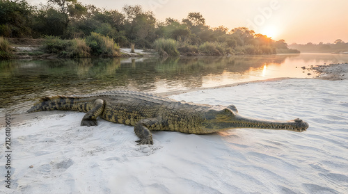 Gharial crocodile resting on sandy riverbank during golden hour sunset