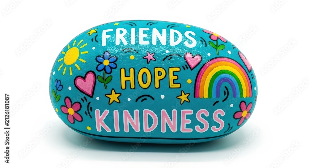 Fototapeta premium Colorful painted rock with friends hope kindness lettering, rainbow, and whimsical doodles on blue background, inspirational message
