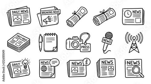 Hand-drawn news and journalism icons, isolated on white