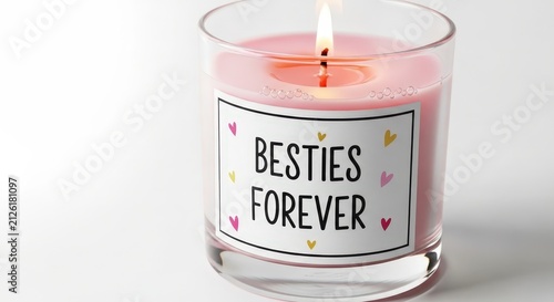 Pink scented candle in glass jar with besties forever label and colorful hearts, burning on white background