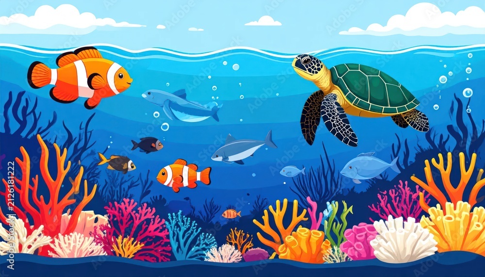 Fototapeta premium Cartoonish underwater scene with diverse marine life and coral