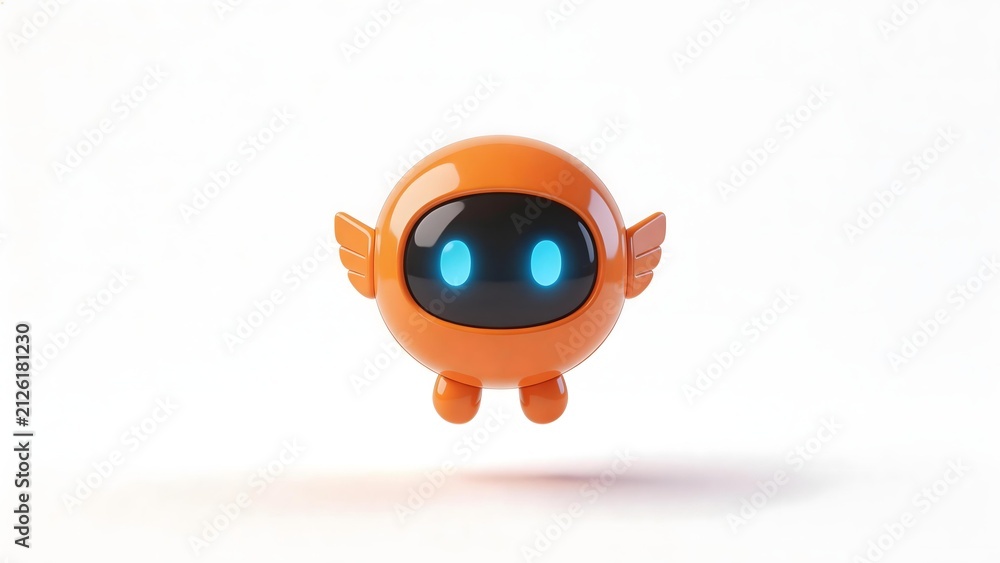 Fototapeta premium Orange spherical robot with glowing blue eyes and small wings floating against white background