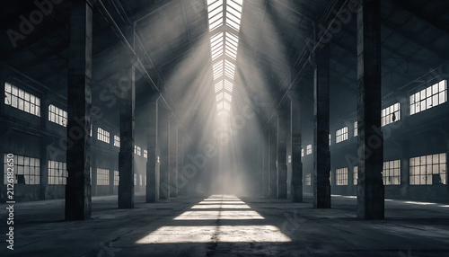 Cinematic view of an ancient tunnel or indoor architecture with dramatic light rays
