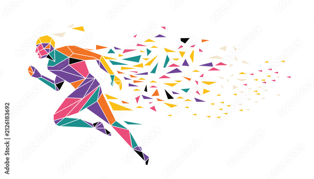 Obraz premium Running man made of colorful geometric polygons with flying fragments, abstract motion and energy concept
