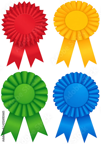 Colorful award rosettes with ribbons for competition