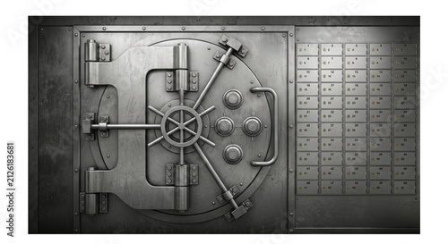 Massive steel vault door with combination locks and safety deposit boxes