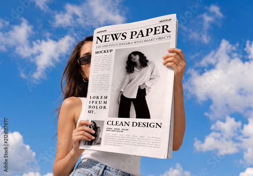 Woman Model Reading Newspaper Mockup Against Blue Sky Background