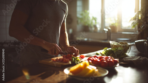 Woman cutting fresh vegetables for healthy meal prep. Home chef slicing organic produce in warm natural kitchen lighting.