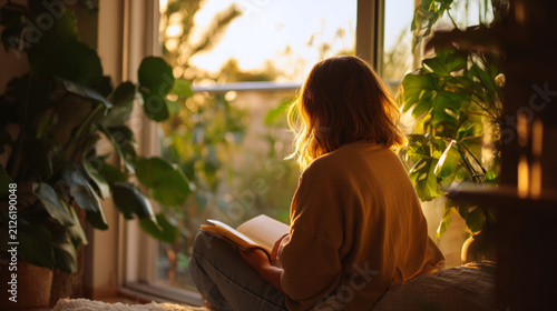 Young woman reading a book by a window with plants during golden hour