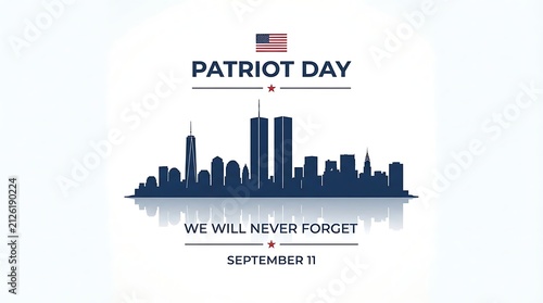Patriot day memorial graphic with new york city skyline silhouette and american flag isolated on white background