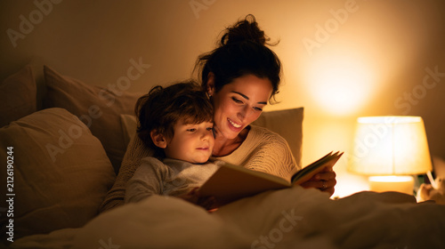 Happy mother reading a book to her young son in bed at night time