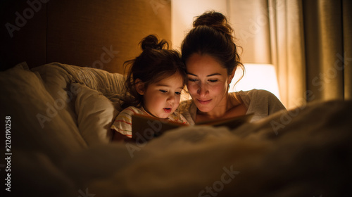 Young mother and child reading a book together in a cozy bedroom