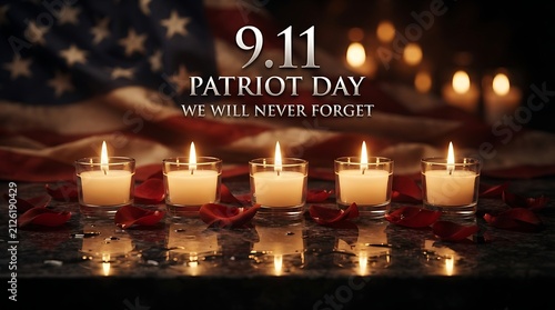 911 patriot day remembrance memorial with candles and american flag