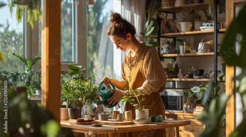 Young woman watering indoor plants in a sunlit home garden studio