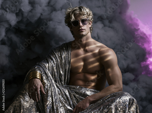 Male Figure in Metallic Drape with Smoke and Striped Lighting