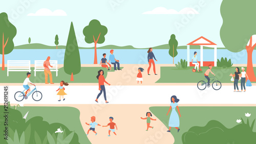 Bright family park scene with children playing and adults relaxing. Sunny outdoor setting with greenery and water views.