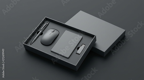 Elegant Matte Black Office Stationery Mockup Set Featuring Open Box with Computer Accessories