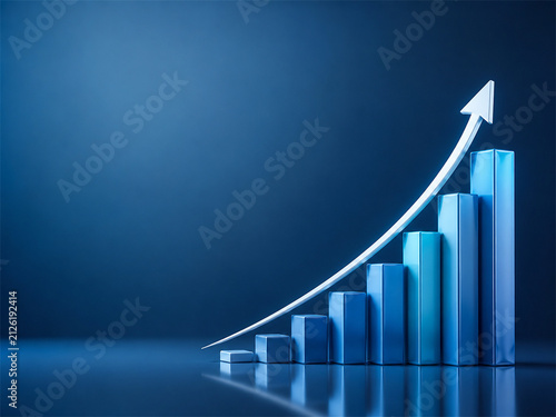 Blue three dimensional bar chart with a bright upward arrow on a dark gradient background representing financial growth business progress increasing revenue and successful market performance