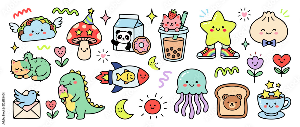 Fototapeta premium Cute Kawaii Characters Collection Isolated Transparent Background