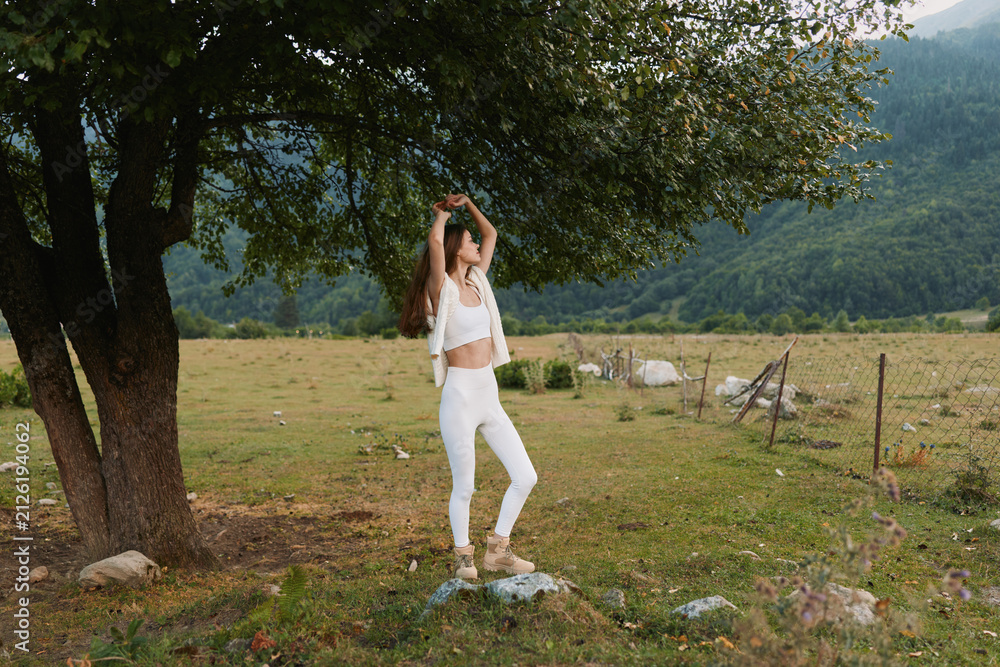 Obraz premium Woman in white dances under a tree in a sunlit meadow, enjoying carefree lifestyle moments in a rural landscape, outdoor happiness