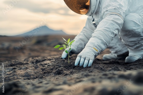 An astronaut planting trees on the surface of Mars, with an orange sky and distant mountains in view. The spacesuit is detailed, highlighting advanced technology for survival on the alien, red planet