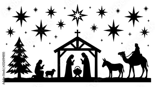 Quadro su tela Black silhouette of the nativity scene with holy family and stars on a white bac
