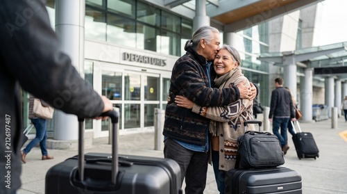 Warm Welcome at the Airport: An elderly couple shares a tender moment, embracing and kissing outside an airport terminal, suitcases at their feet, as they reunite or depart on a journey.