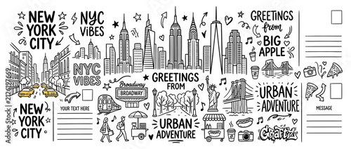 Hand-drawn New York City Skyline and Icons