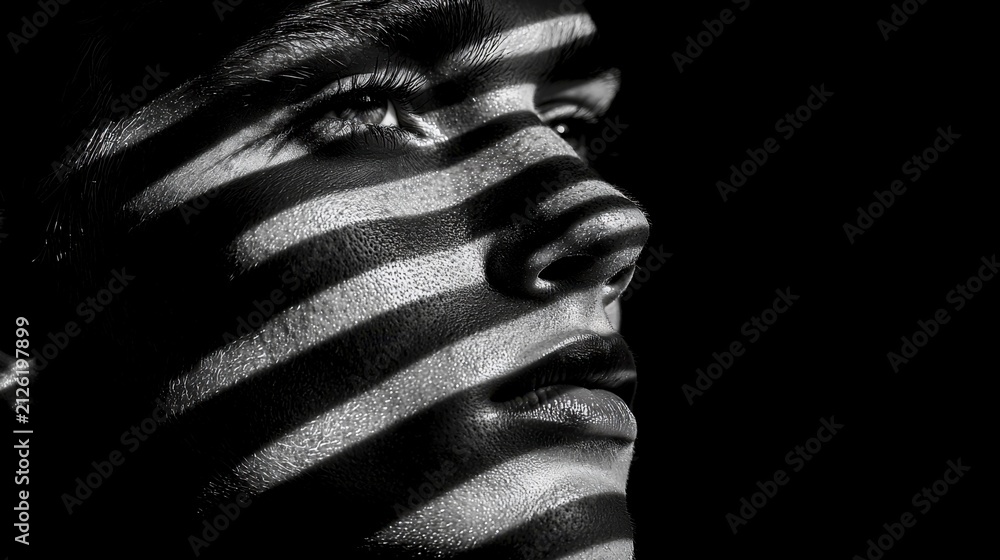 Obraz premium A face in black and white with dramatic shadow stripes, AI generated