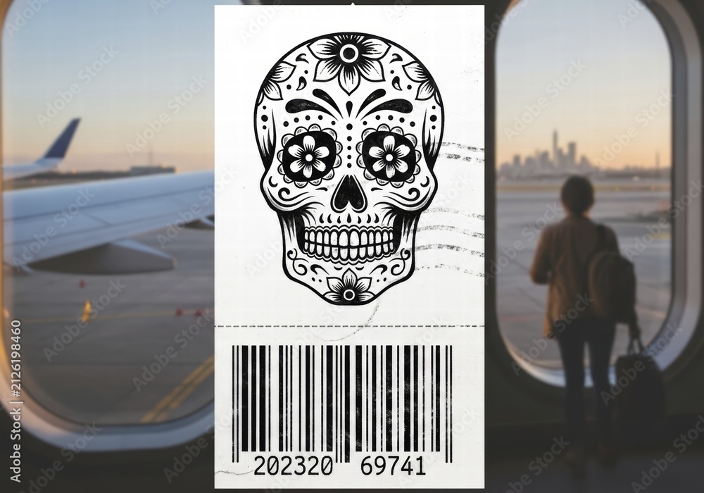 Obraz premium Black and white skull design with a barcode in front of an airport scene through a window, ai illustration travel graphics, AI generated