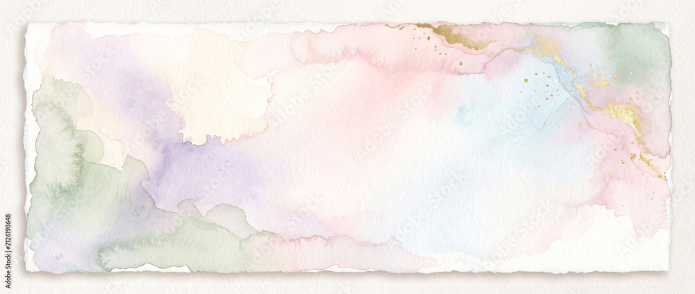 Fototapeta premium Soft Pastel Watercolor Background Frame with Gold Glitter Veins on Deckle Edge Paper