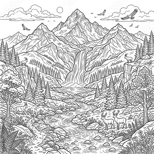 Majestic mountain landscape with waterfall and wildlife