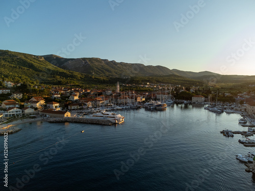Obraz na plátne Jelsa on island Hvar in Croatia from above during golden hour