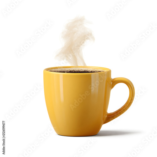 Yellow Mug Filled with Steaming Hot Coffee isolated on a white background