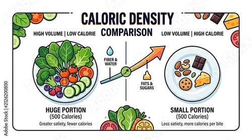 Caloric density comparison infographic between healthy and dense foods